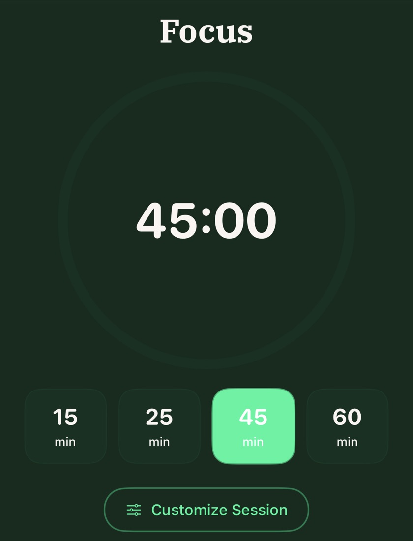 The Vincere focus timer set to 45 minutes